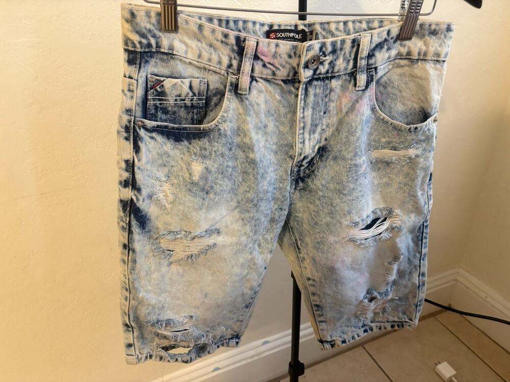 South pole Mens Acid Wash Moto Biker Denim Shorts Light Blue Distressed Size 29